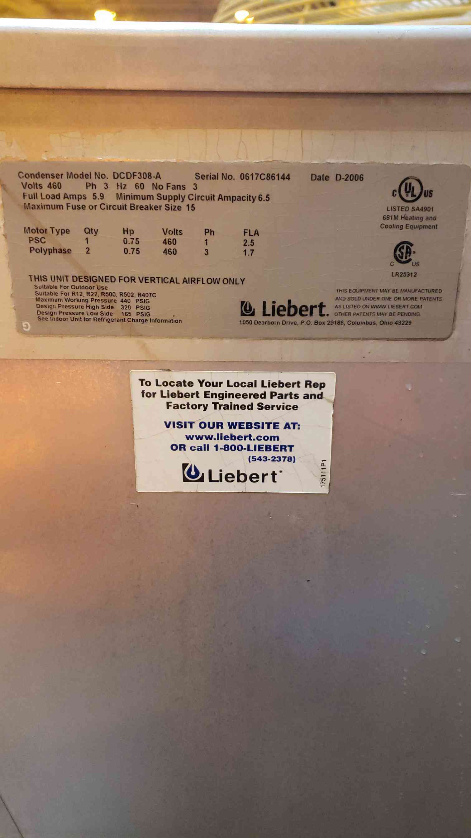 Liebert #DCDF308-A, 3-Fan Condenser, 133" L x 44" width x 45" H, 320/165 psig, 3 phase, 0.75 HP, 5.9 Amps - Image 4
