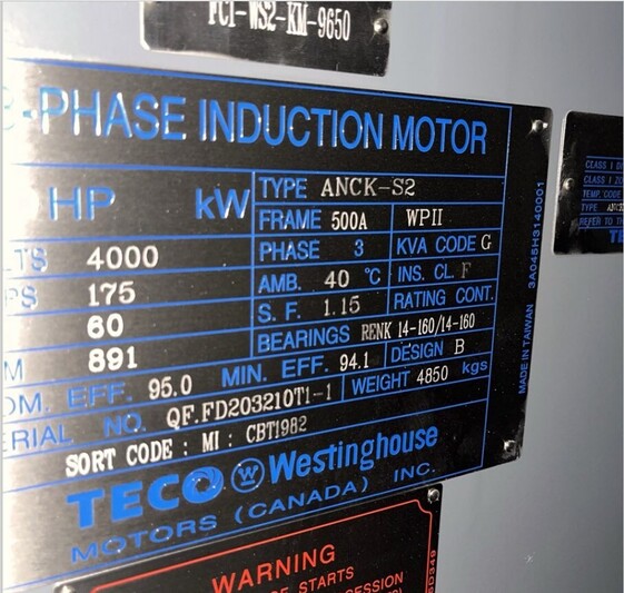1250 HP 900 RPM Teco Westinghouse #ANCK-S2, 4160 Volts, weather protected enclosure type 2, 2019 - Image 5