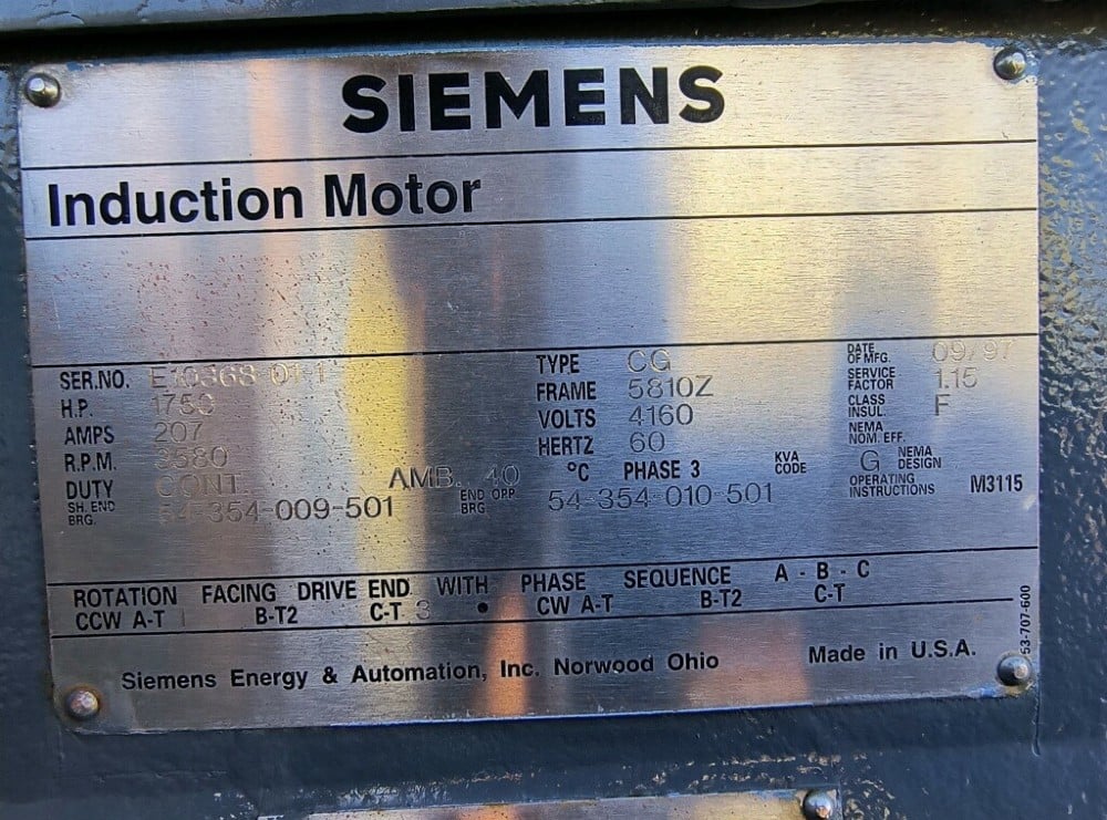 1750 HP 3600 RPM Siemens, Frame 5810, weather protected enclosure type 2, sleeve, 4160 Volts, nice running - Image 1