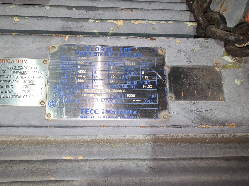 500 HP 900 RPM Teco Westinghouse, Frame 6808B, TEFC BB, 2300/4160 Volts, CU Rotor, Used electrically OK - Image 1