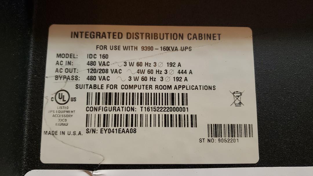 160 KVA Eaton #IDC-160, 9390 Integration Distribution Cabinet, 3 Wire, 3 phase, 192 Amps, 480 x 120/208 VAC - Image 6