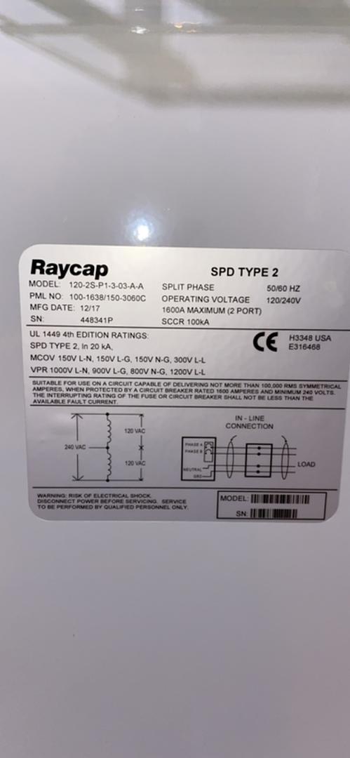 Raycap 120-2SP1-3-03-A-A Surge Protective Device, 1600 Amps, 120/240 V, 2017 - Image 3