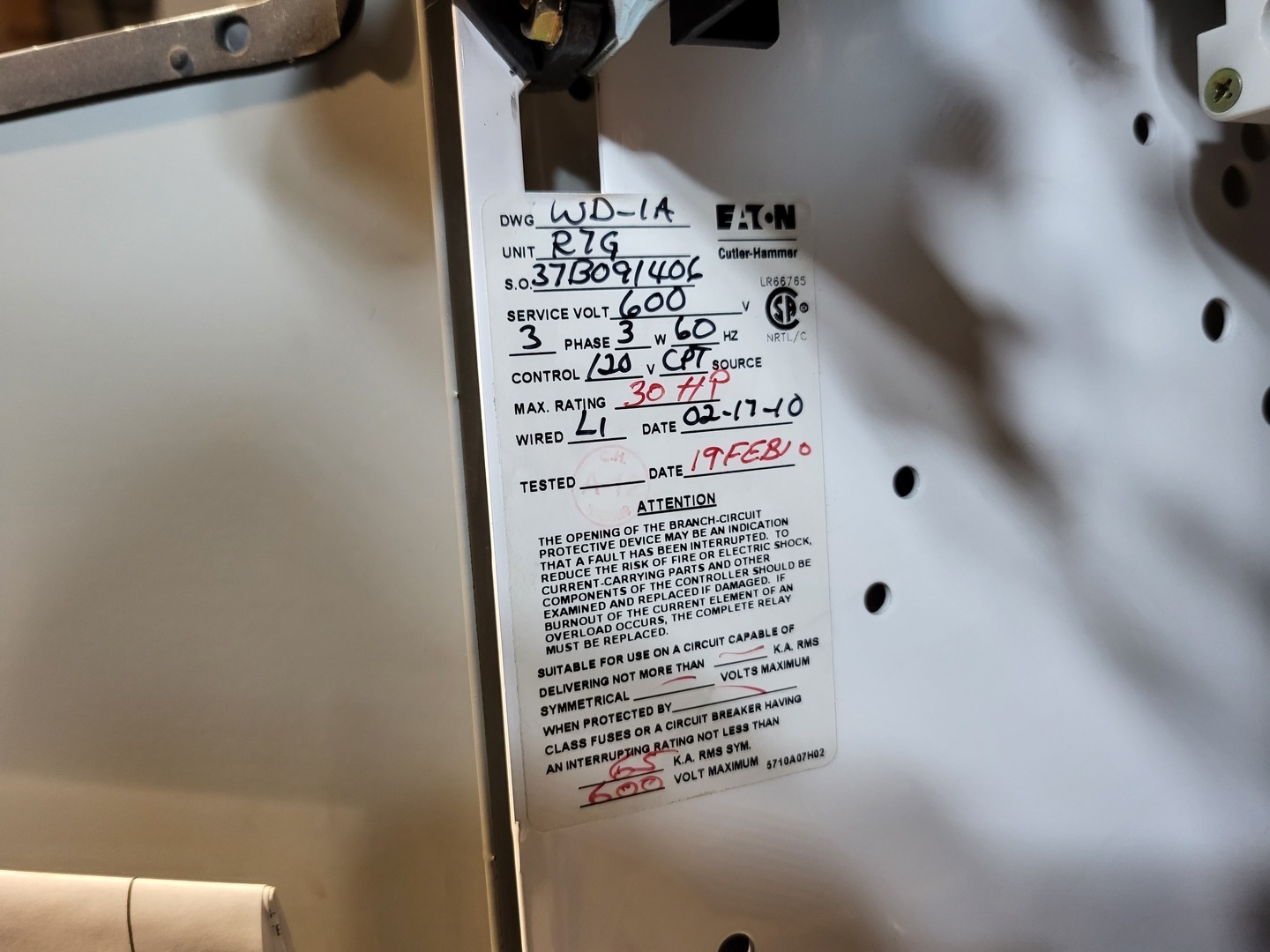 Eaton Cutler-Hammer, FVNR starter, size 3, enclosure, 30 HP, 600 Volts, 100 amp, like new - Image 5