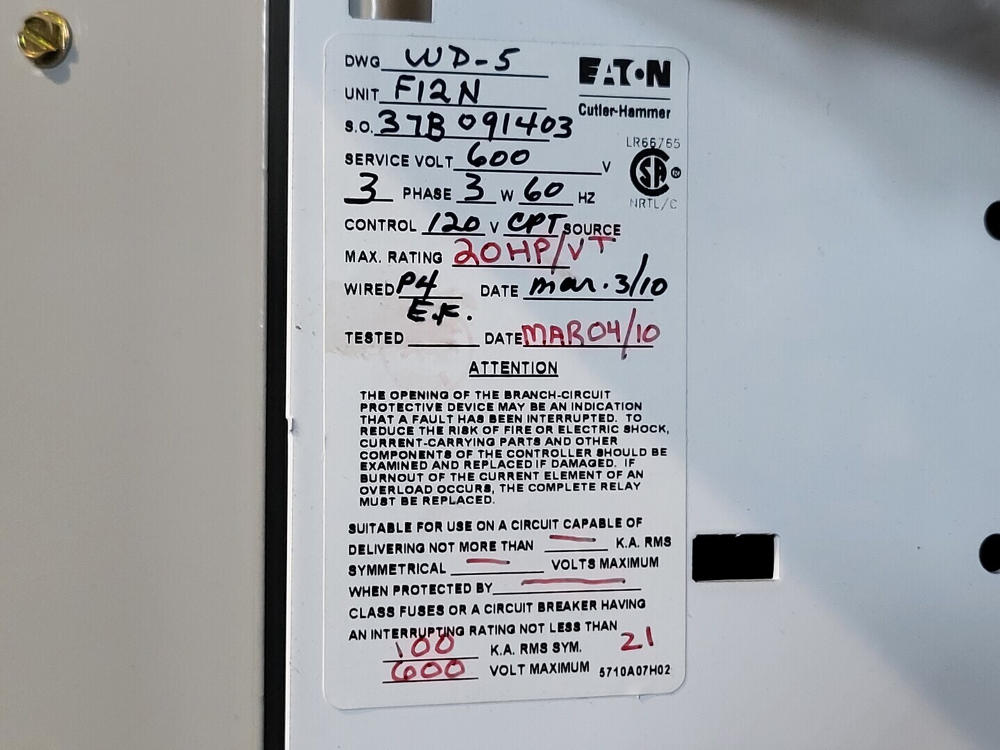 20 HP Eaton Cutler-Hammer, SVX015A1-5A4N1, VFD, 600 Volts, 22 amps, like new - Image 2