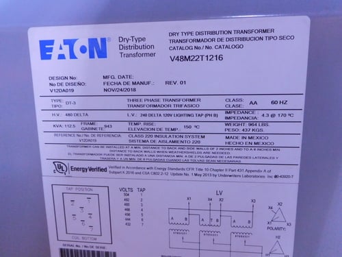 112.5 KVA 480 Delta Primary, 240 Delta/120 Secondary, Eaton DT-3 transformer, class AA, 1 yr warranty - Image 3
