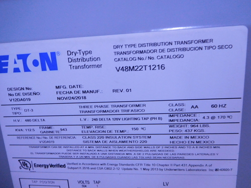112.5 KVA 480 Delta Primary, 240 Delta/120 Secondary, Eaton DT-3 transformer, class AA, 1 yr warranty - Image 9