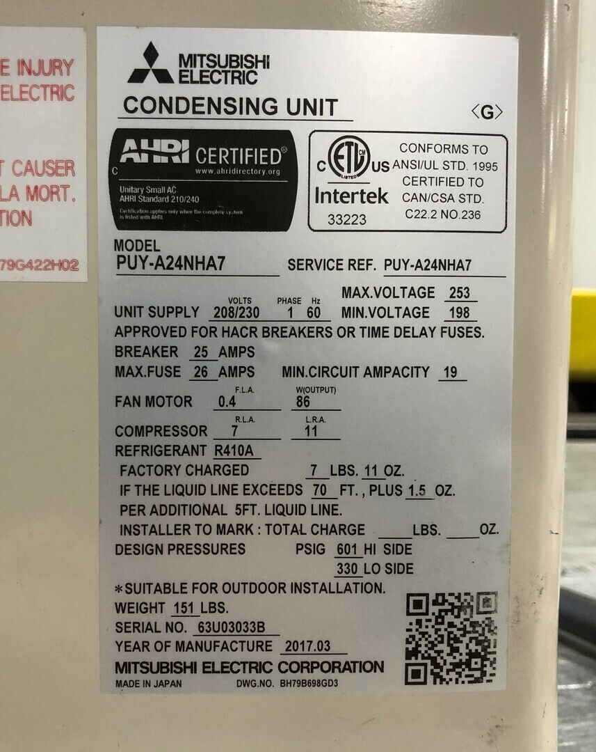 Mitsubishi #PUY-A24NHA7, 24000 BTU/hr wall mounted air conditioning system, 2017 - Image 2