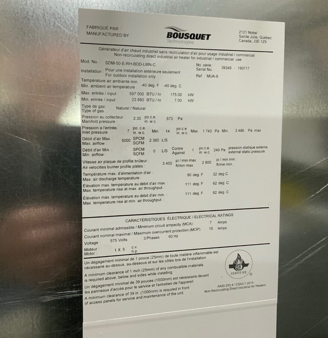 Bousquet #SDM-50-E-RH-BDD-LMN-C, make-up air unit, 597000 BTU/hr @ 175 KW, new surplus - Image 2