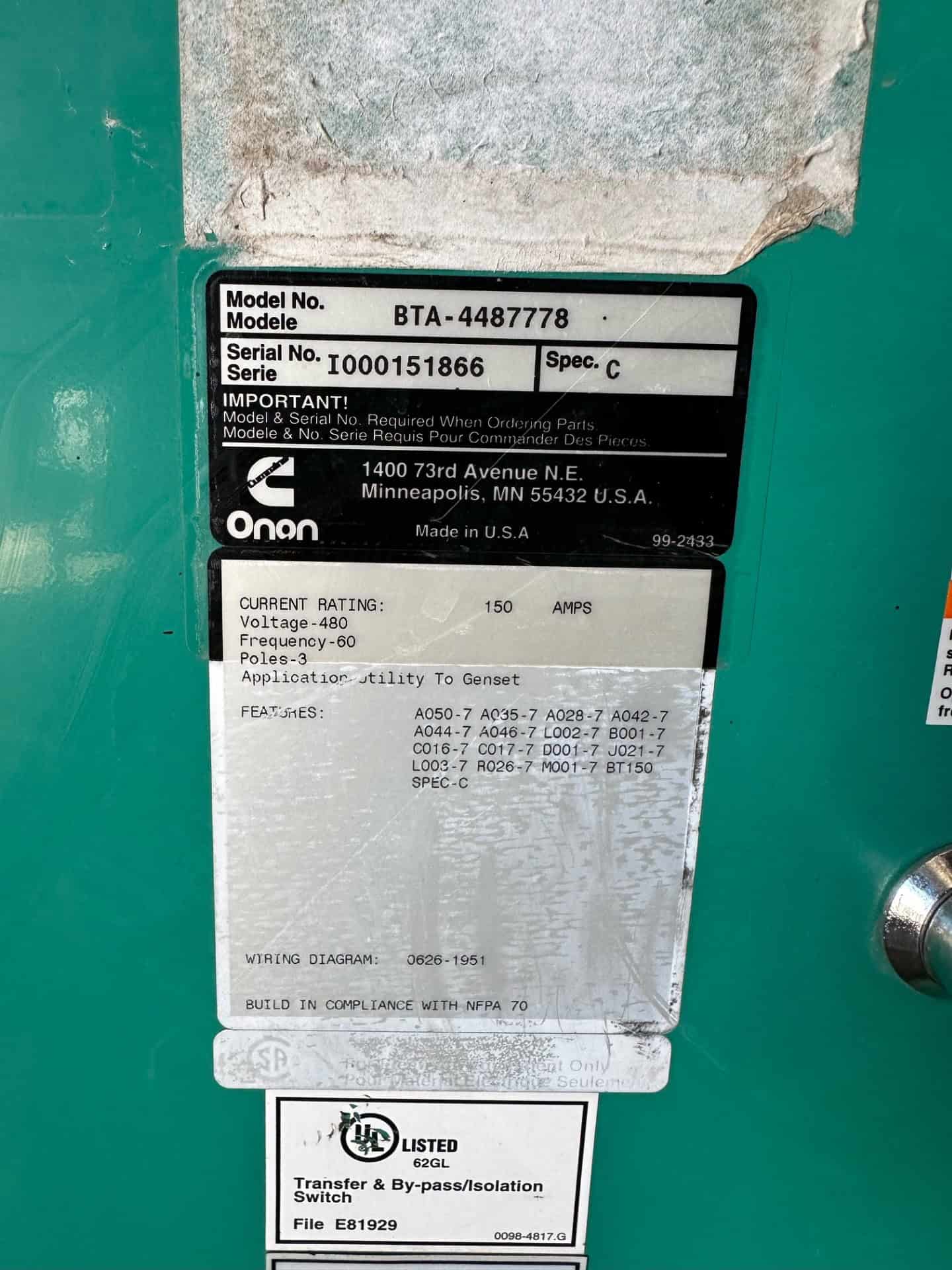 150 Amp. Cummins BTA-4487778, automatic transfer switch with ISO bypass, 3 pole, 480 Volts, 2000 - Image 4