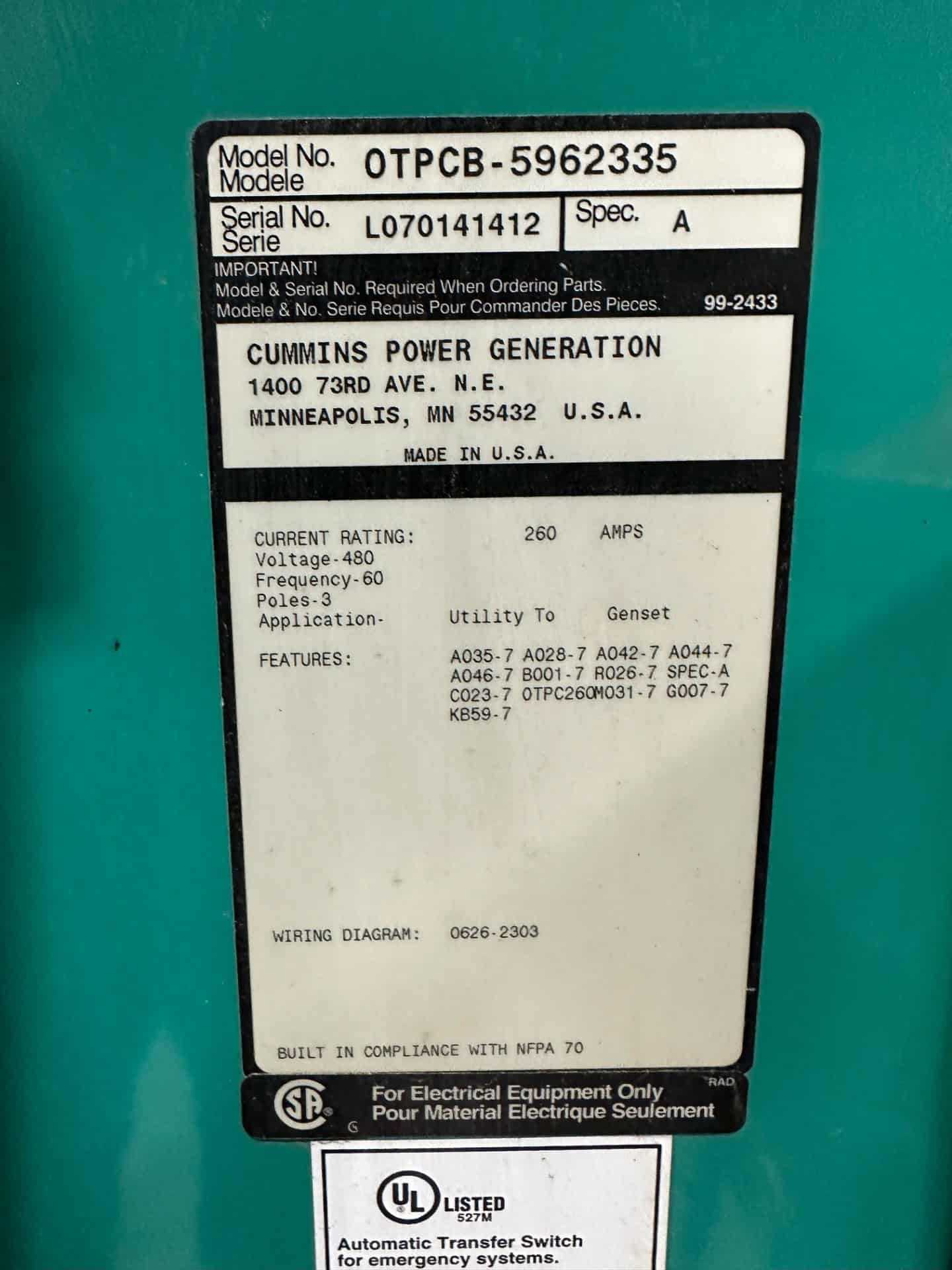 260 Amp. Cummins OTPCB-5962335, automatic transfer switch, 3 pole, 480 Volts, 2007 - Image 4