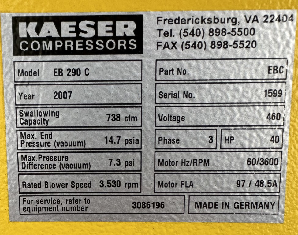 738 cfm, 7.3 psi, Kaeser #EB-290C, blower package, 40 HP, 3600 RPM, 460 V., 2007 - Image 7