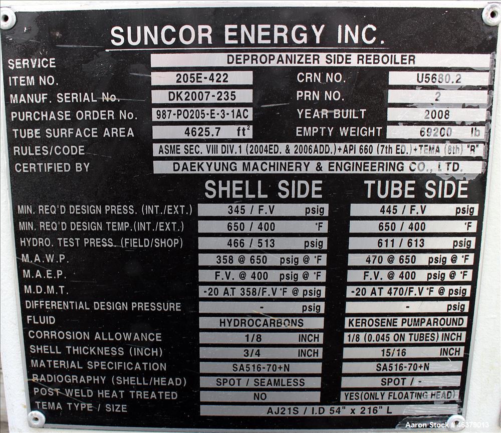 4625 sq.ft., 358 psi shell, Daekyung #AJ12S 54X216, 2 Pass Shell and Tube Heat Exchanger, 2008 - Image 8