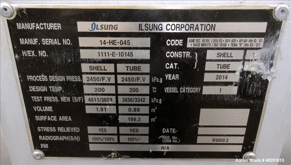 2143 sq.ft., 412 psi shell, Ilsung Corp, 4 Pass U Tube Shell & Tube Heat Exchanger, Shell 392&deg;F, 3/4" dia x - Image 8