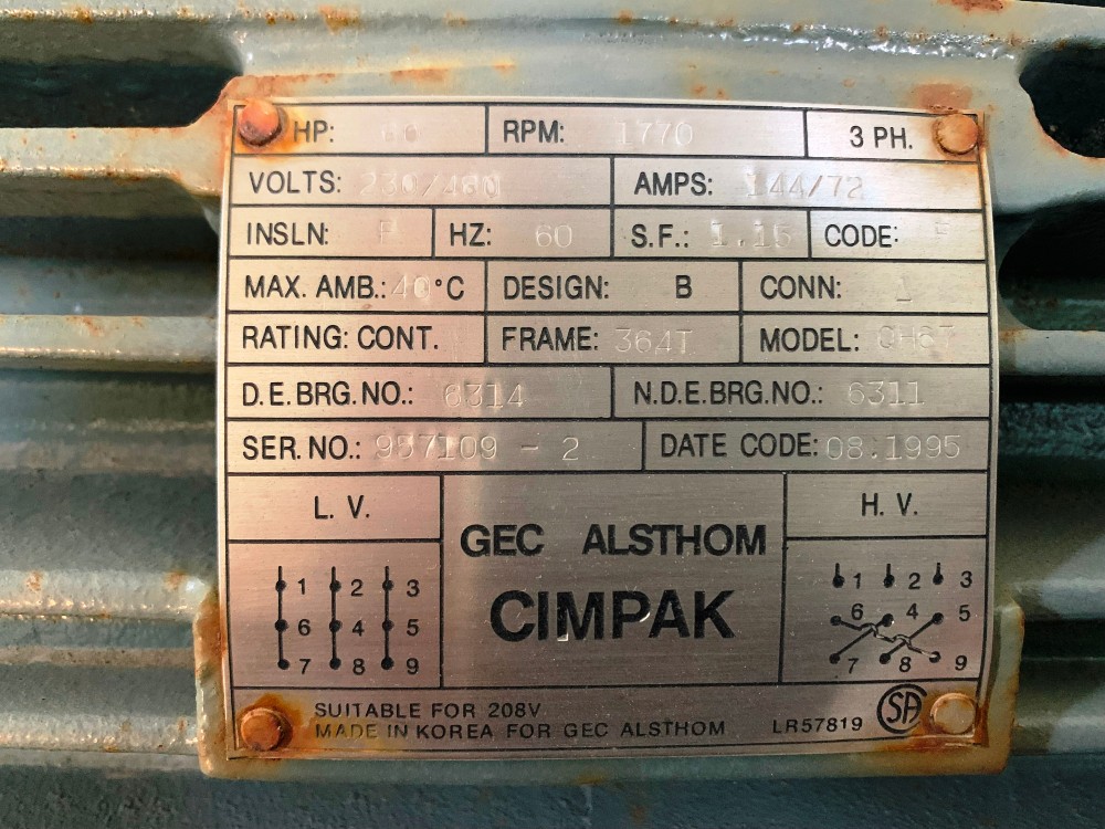 60 HP 1770 RPM GEC Alsthom, Frame 364T, TEFC, Insln. F, 208/230/460 Volts, new (10 available) - Image 1