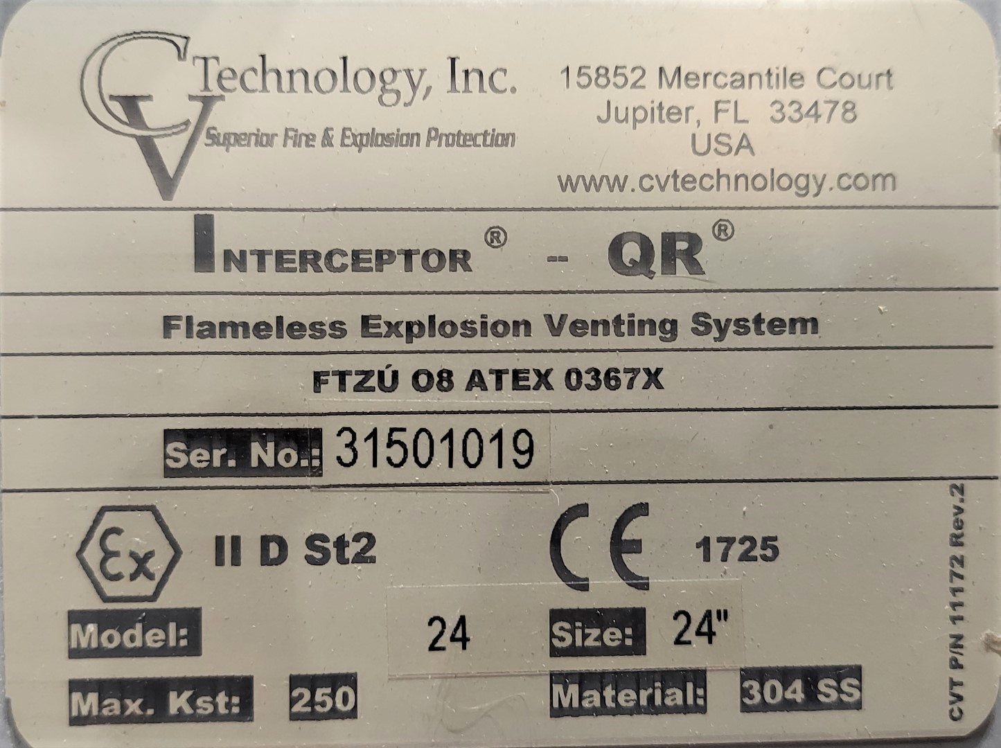 CV Technology #24, Interceptor Flameless Explosion Venting System, Quench Valve, 24" size, 150 deg. C max - Image 3