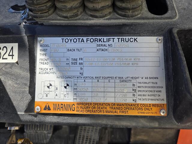 8800 lb. Toyota #7FGU45GAS, Forklift, gasoline, 199" lift height, 24" centers, 2005 - Image 9