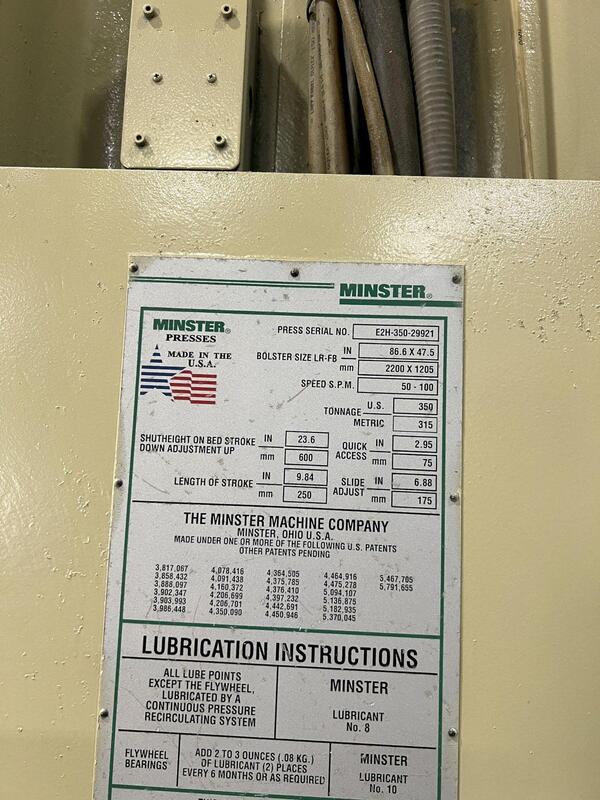 350 Ton, Minster Hevistamper #E2H-350-86-47-SG, straight side double crank press, 9.8" stroke, 23.6" Shut - Image 7