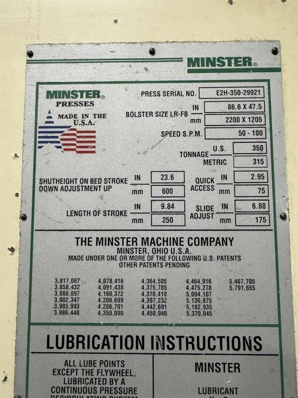 350 Ton, Minster Hevistamper #E2H-350-86-47-SG, straight side double crank press, 9.8" stroke, 23.6" Shut - Image 10