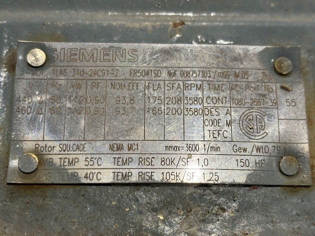150 HP 3580 RPM Siemens 1LA53102AC91-Z, Frame 504TSD, 460 Volts, Atlas Copco 1080-2667-39, ZR/ZT110 - Image 1