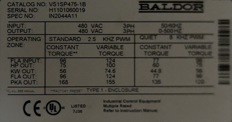 75 HP Baldor, VS1SP475-1B, inverter drive, 460 VAC, 2020 - Image 3