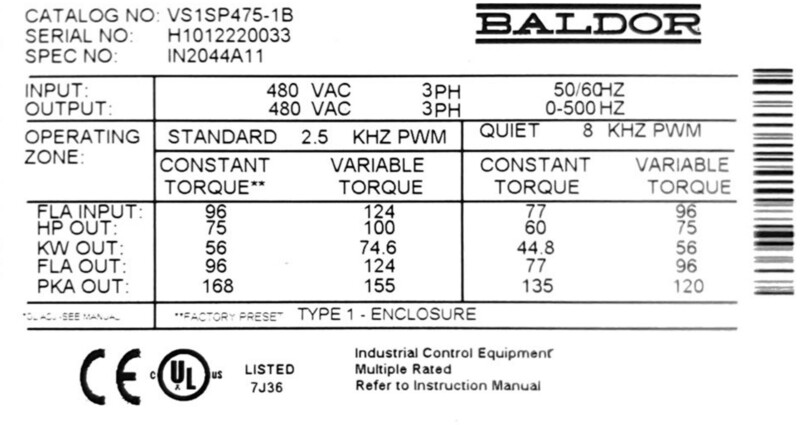 75 HP Baldor, VS1SP475-1B, inverter drive, 460 VAC, 2020 - Image 4