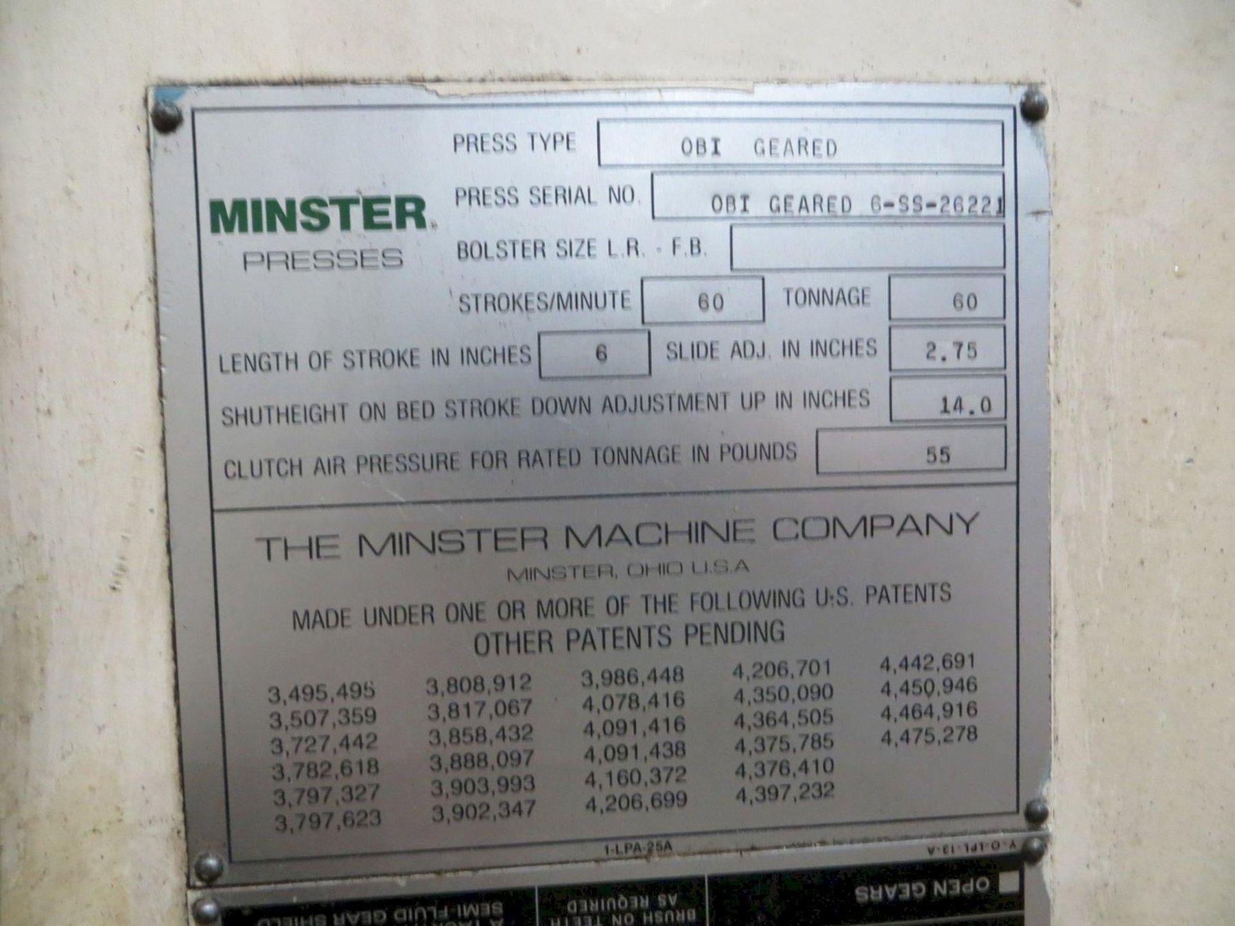 60 Ton, Minster #6SS, 6" stroke, 14" Shut Height, 2.75" adjustment, 32" x 21" bed, 24" x 14" ram, 60 SPM, 1986 - Image 5