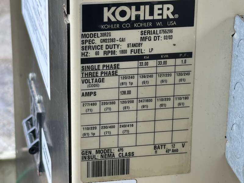 33 KW Kohler #30RZG, Natural gas / propane generator set, 120/240 Volts, 523 hours, 75 HP @ 1800 RPM, GM 4.3L - Image 10