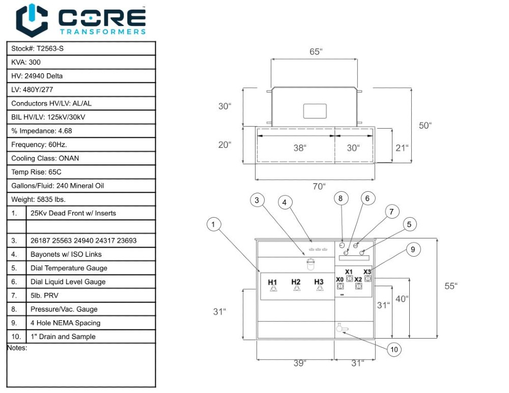 500 KVA 24940 Delta Primary, 208Y/120 Secondary, Core Transformer PAD, proCORE - Image 3