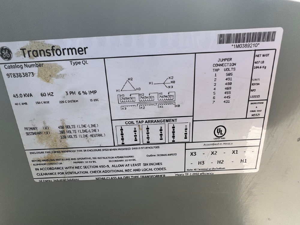 45 KVA 480 Primary, 208/120 Secondary, General Electric Transformer, multi-tap, delta wye, #6095 - Image 2