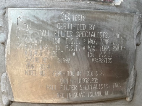 Pall Filter Secialists Inc. #FSPN-1100, bag filter, cartridge, 1200 GPM, 4"-8" inlet & outlet ports, 2014 - Image 2