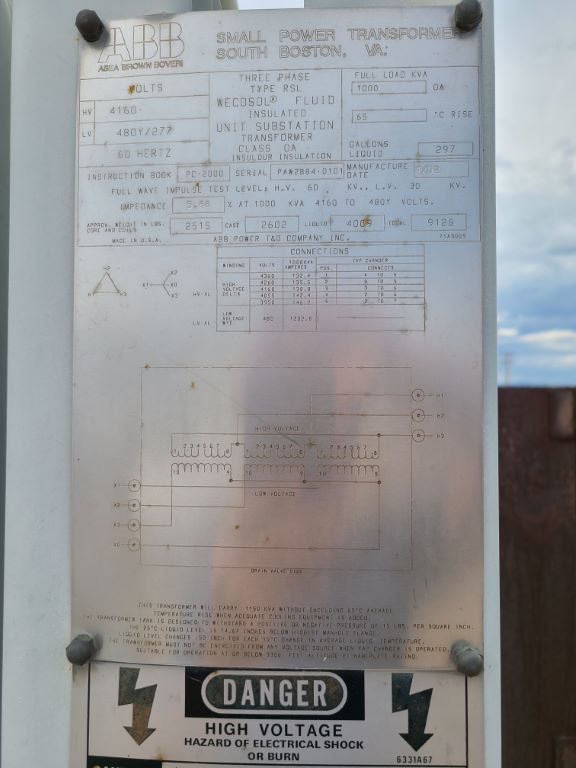 1000 KVA 4160 Primary, 480Y/277 Secondary, ABB #PC-2000, substation type, Class OA - Image 4