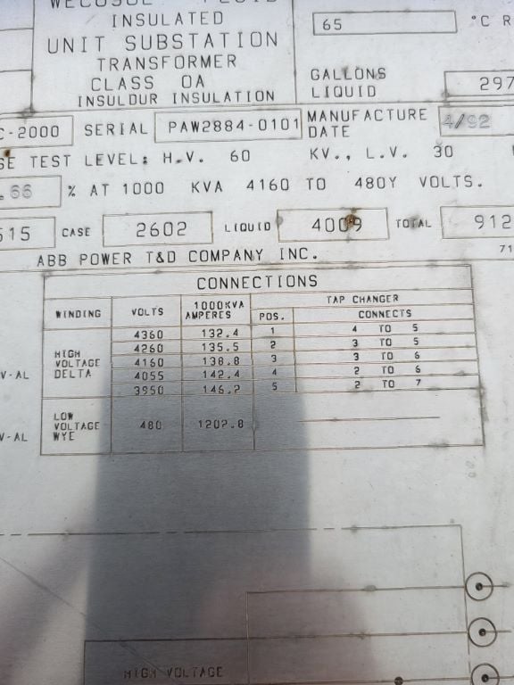 1000 KVA 4160 Primary, 480Y/277 Secondary, ABB #PC-2000, substation type, Class OA - Image 5