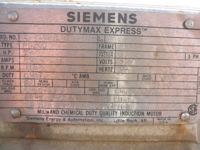 75 HP 1185 RPM Siemens, Frame 444T, TEFC, 460 Volts - Image 5