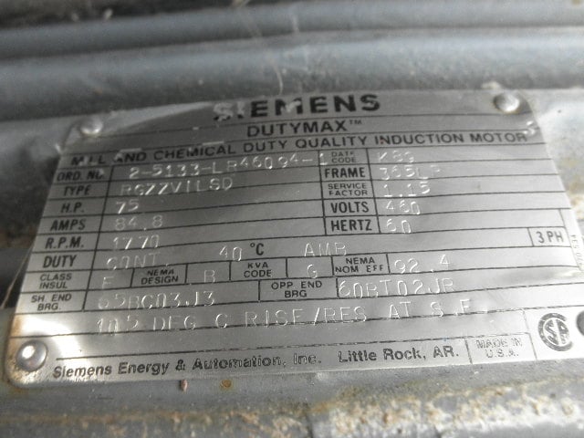 75 HP 1770 RPM Siemens, Frame 365LP, TEFC, 460 Volts - Image 6