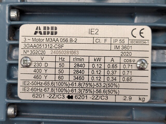 HP 2800 RPM ABB 3GAA051312-CSF M3AA-056 B 2 Motor 0.12kW 2 Pole 3 phase 400 Volt - Image 3