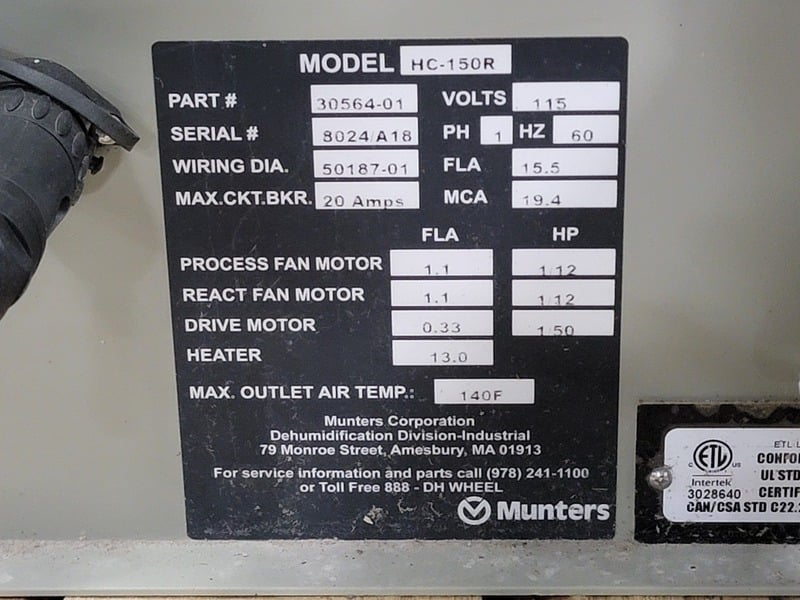 Munters #30564-01, desiccant dehumidifier, 75-150 scfm, 1.5 KW @ 115 VAC, like new - Image 2
