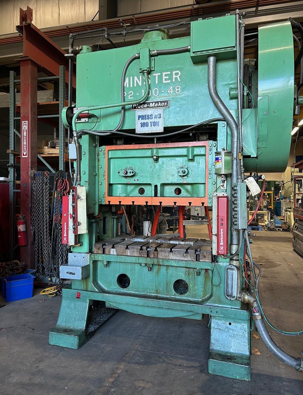 100 Ton, Minster #P2-100-48, straight side double crank, 4" stroke, 20" Shut Height, 160 SPM, 31" x48" bed - Image 1