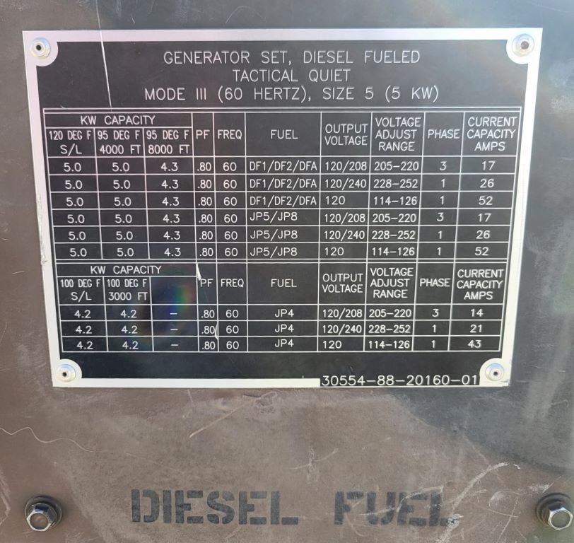 5 KW Fermont #MEP-802A, Diesel Generator, 5 gallon Tank, 120/208 Volts, 1800 RPM, 1733.3 hours - Image 9