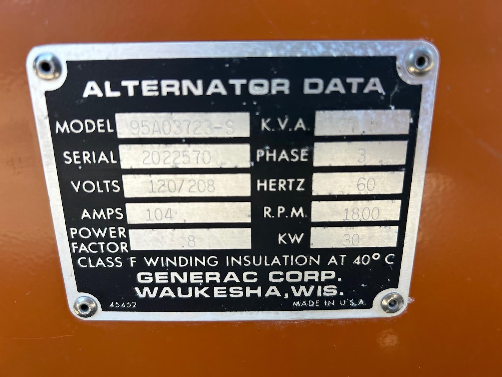 30 KW Generac #95A03723-S, Natural gas / LP generator, 3 phase, 632 hours, 120/208 Volts, load tested, 1995 - Image 4