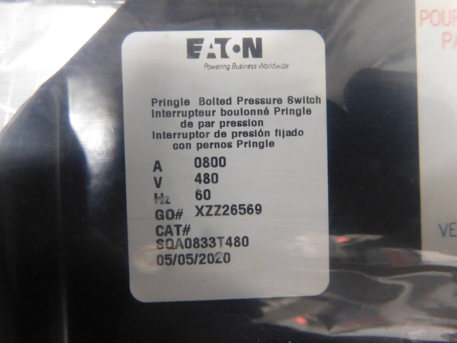 800 Amp. Eaton, SQA0833T480, Pringle bolted pressure switch, 480 Volts, 60 Hz., new - Image 6
