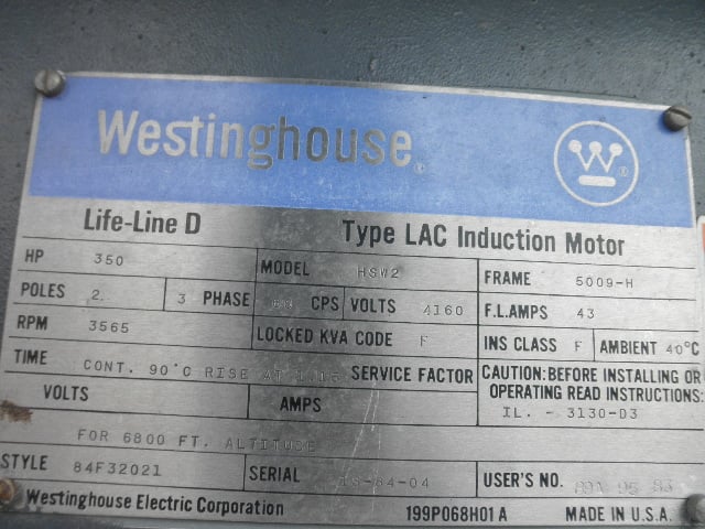 350 HP 3565 RPM Westinghouse HSW2, Frame 5009H, 1.15 service factor, 4160 Volts - Image 5