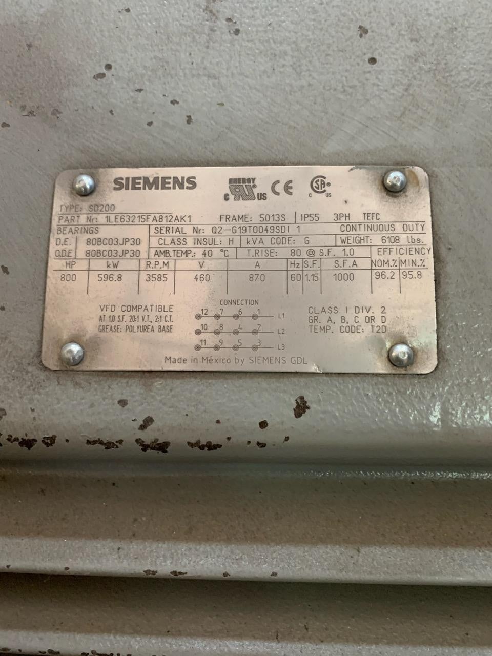 800 HP 3585 RPM Siemens, Frame 5013S, TEFC, BB, 460 Volts - Image 2