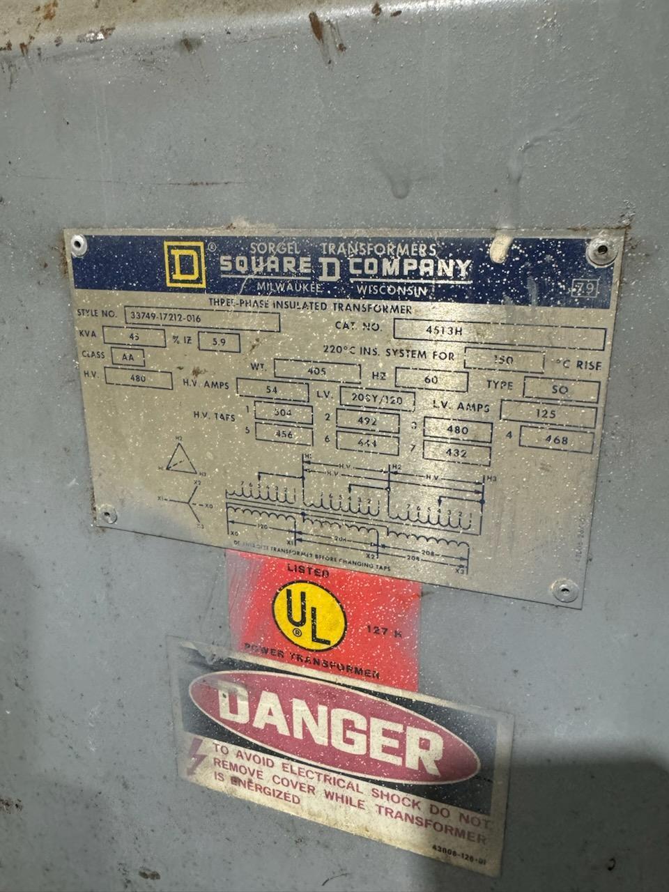 45 KVA 480 Primary, 208Y/120 Secondary, Square D #33749-17212-016, S/N 45T3H - Image 2
