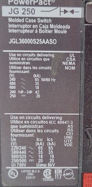 250 Amps, Square D, JGL36000S25AASO, Circuit Breaker, 600VAC 3PH - Image 3