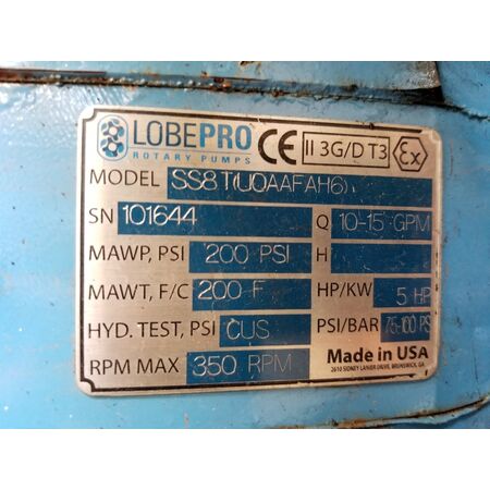 10-15 GPM @ 200 psi, Lobepro #SS8T, positive displacement rotary lobe pump, 5 HP, 200°F - Image 4