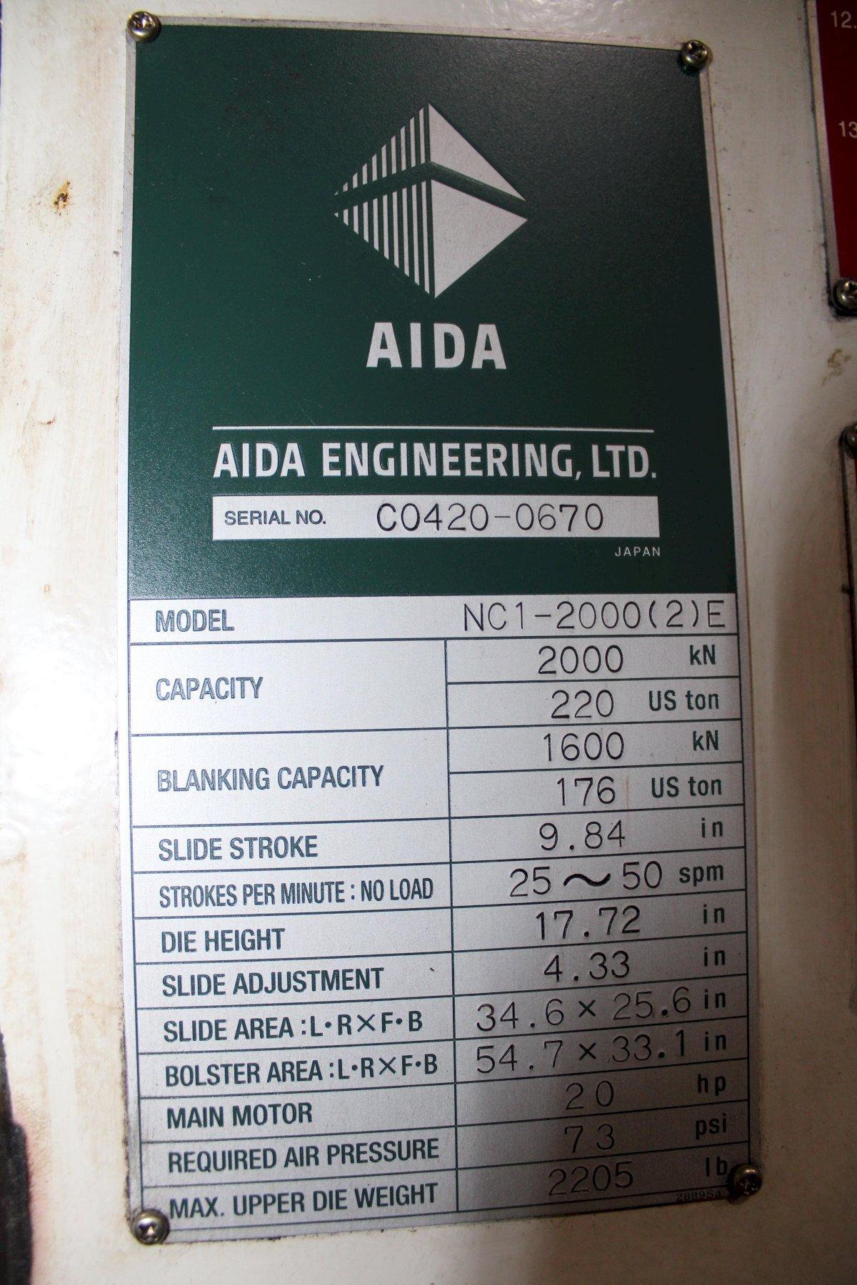 220 Ton, Aida #NCI-2000(2)E, single crank gap frame press, 9.84" stroke, 17.72"Shut Height, 4.33"adj., 25-50 - Image 7