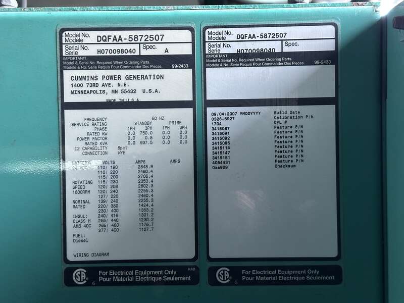 750 KW Cummins #DQFFA, diesel generator set, 277/480 Volts, 468 hours, 1490 HP @ 1800 RPM, QST30-G5 NR2 - Image 10