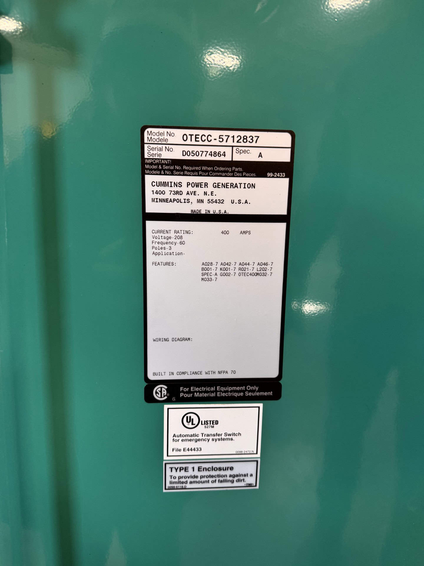 400 Amp. Cummins OTPCC-5712837, automatic transfer switch, 3-pole, 208 Volts, Nema 1, 2005 - Image 4