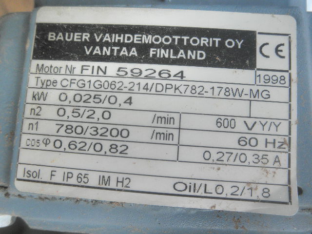0.5 HP @ 780 RPM, Bauer #DPK782-178WMG, Right Angle Increaser Gearbox, 4.10 :1 Ratio, 3200 RPM Output, 1998 - Image 7