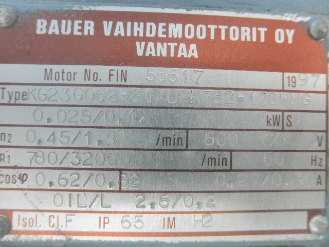0.33 HP @ 780 RPM, Bauer #DPK782-178WMG, Right Angle Gearbox, 4.10 :1 Ratio, 3200 RPM Output, 1997 - Image 6